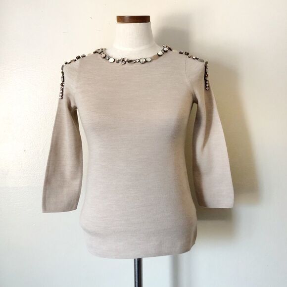 New J. Crew Jeweled Tan Crewneck sweater NWOT - Picture 1 of 7